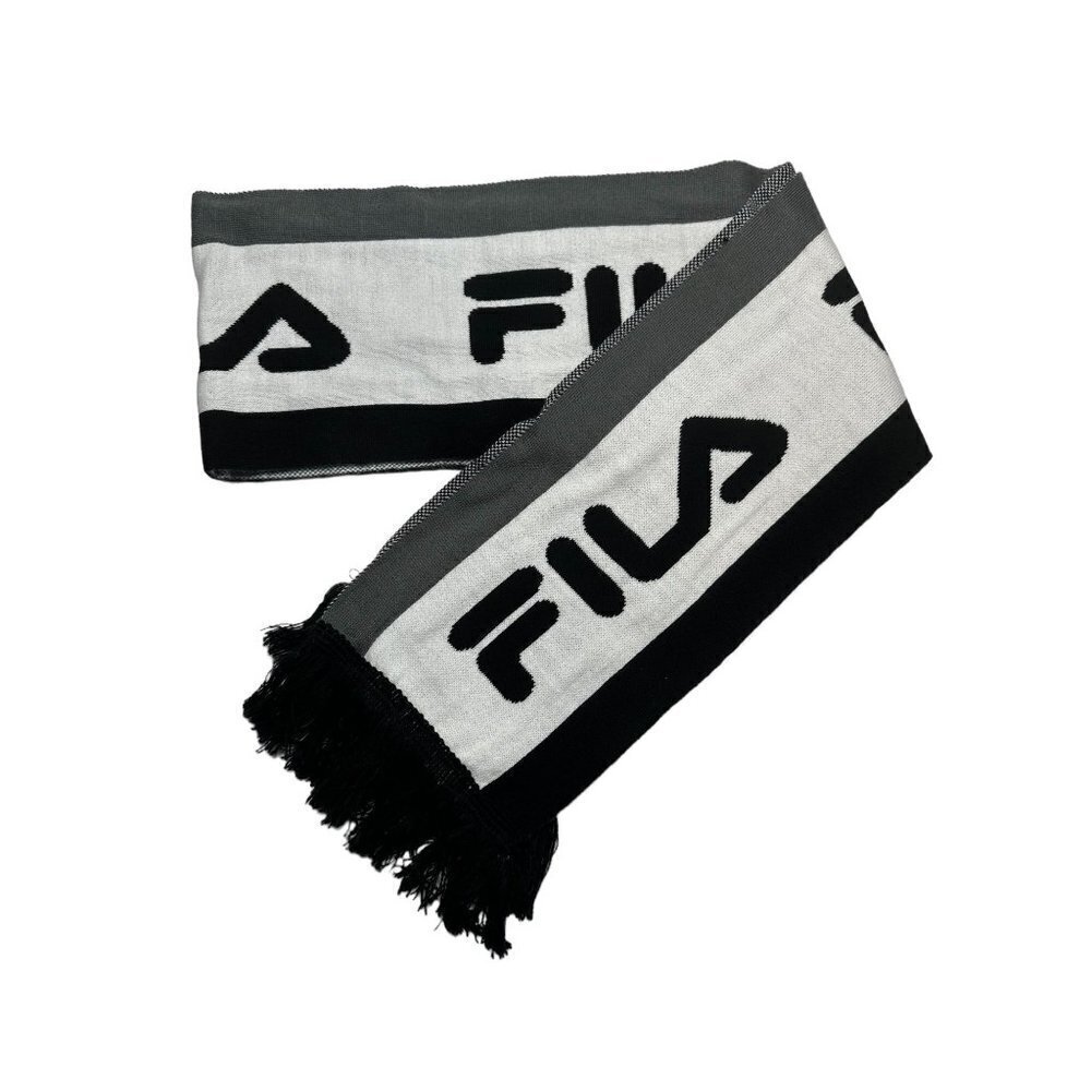 FILA Knit Scarf Black White Grey Block Logo Fringed Athletic Streetwear